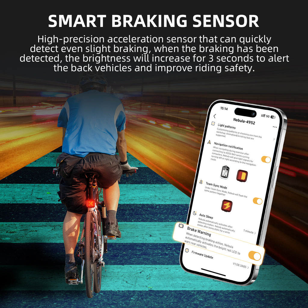 XOSS Nebula Smart Bike Tail Light, USB Rechargeable LED Bike Rear Light with Brake Sensor, Waterproof Bike Lights with Customized Patterns & Team Up with The Same Frequency Function for Night Riding - XOSS.CO