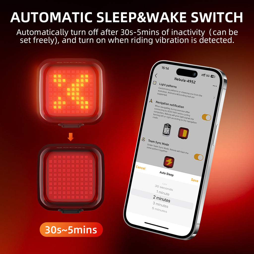 XOSS Nebula Smart Bike Tail Light, USB Rechargeable LED Bike Rear Light with Brake Sensor, Waterproof Bike Lights with Customized Patterns & Team Up with The Same Frequency Function for Night Riding - XOSS.CO