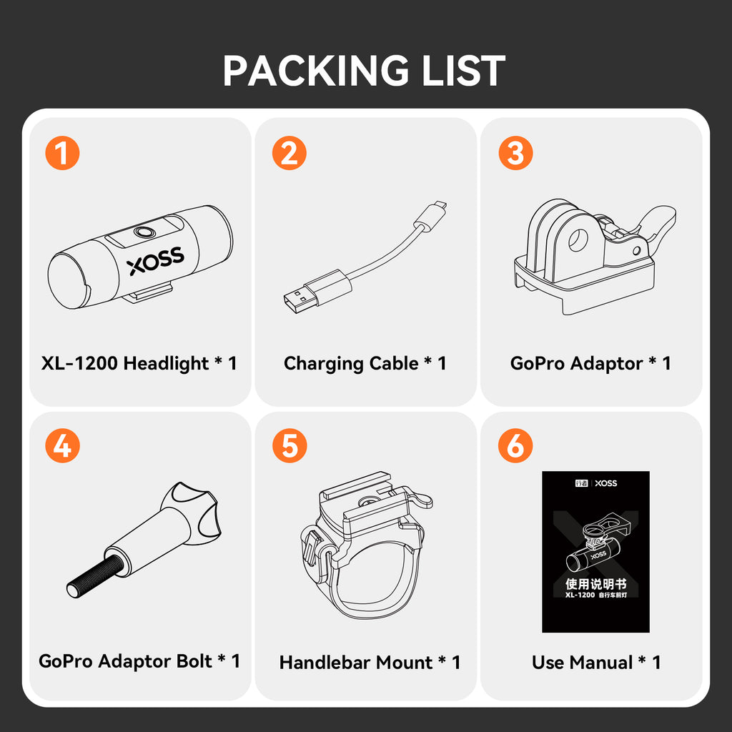 XOSS 1200 Lm Bike Light XL1200 Headlight Waterproof Type-C Rechargeable Front Lamp Bicycle Light Aluminum Ultralight Flashlight - XOSS.CO