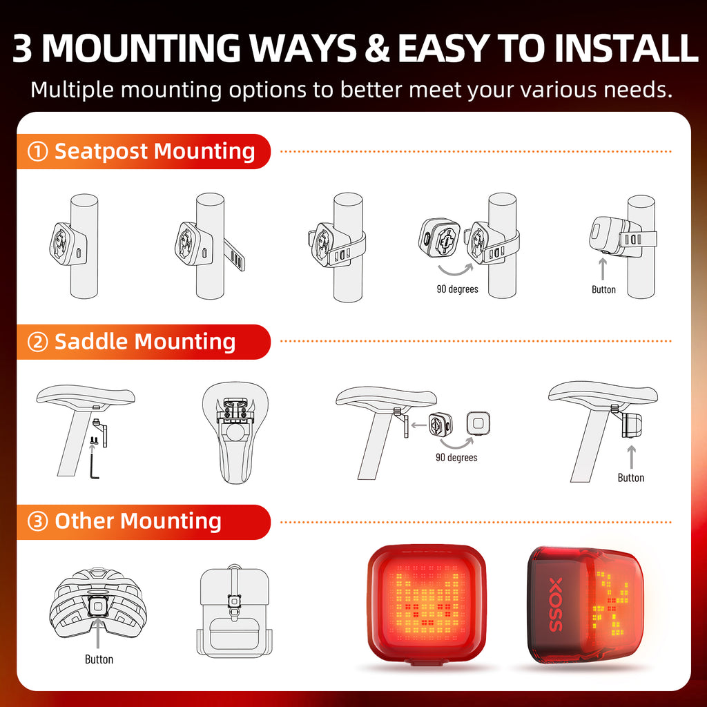 XOSS Nebula Smart Bike Tail Light, USB Rechargeable LED Bike Rear Light with Brake Sensor, Waterproof Bike Lights with Customized Patterns & Team Up with The Same Frequency Function for Night Riding - XOSS.CO