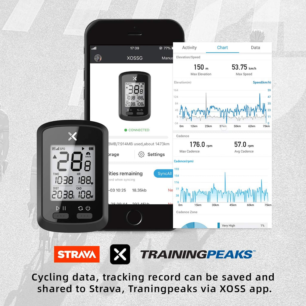 XOSS G+ GPS Bike Computer,  Ant+, Bluetooth, 25 Hours Battery, Waterproof, Barometer, Cadence, Heart Rate, Strava - XOSS.CO